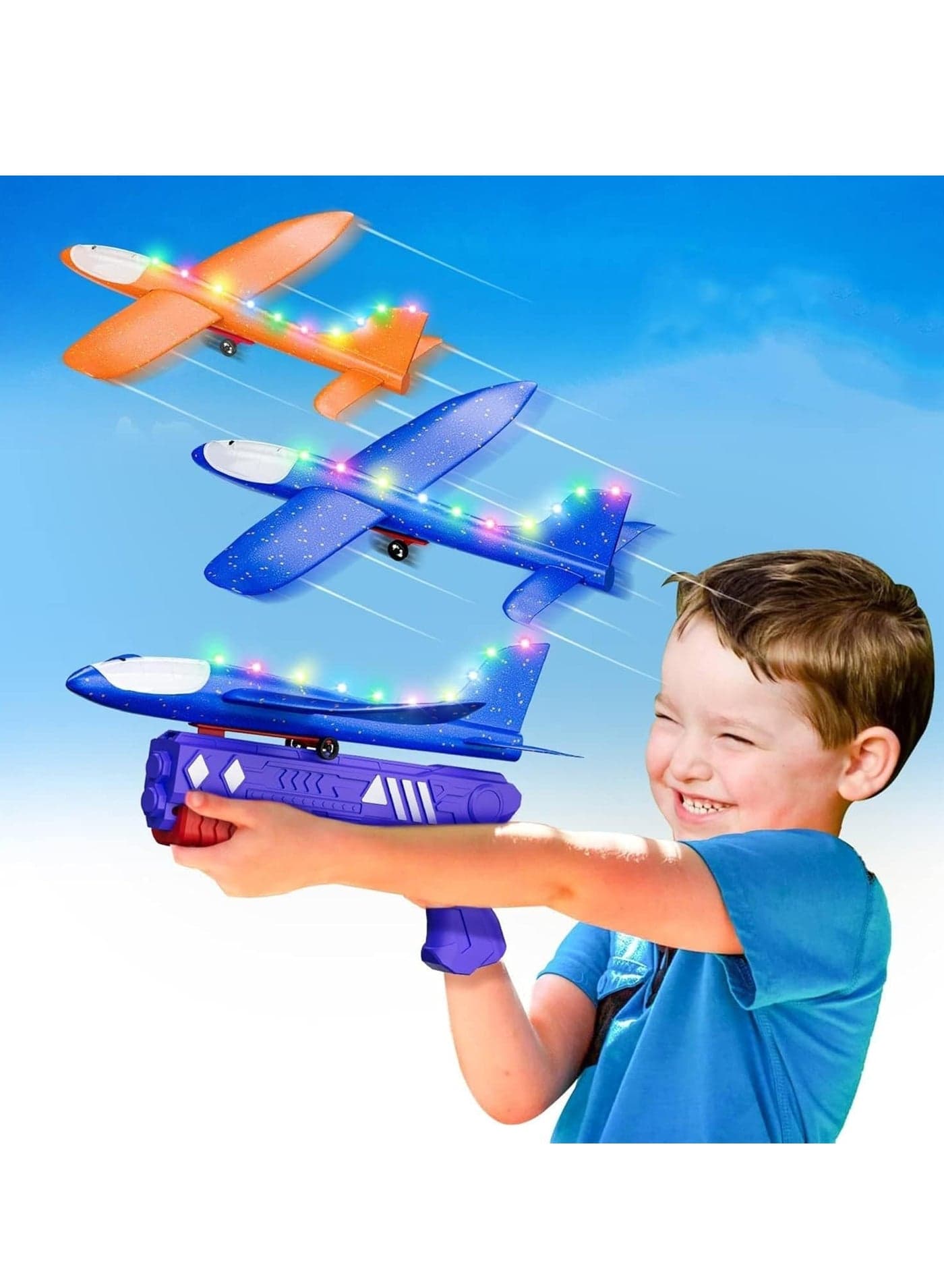 LED Foam Glider Airplane Toy, 12.6" Launcher Flying Toy for Kids, Outdoor Game Gift for 3-12 Year Old Boys & Girls, Party Favors, High-Speed Flight, Safe & Durable, 2 Modes with Night Lights