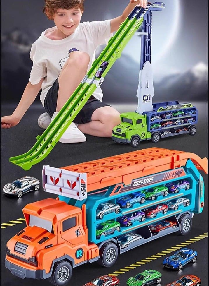 Transport Truck Car Toys for Kids Carrier Truck Race Toy with Foldable Racing Track and 6 Die-Cast Metal Pull Back Cars,for Toddler Boys Girls. 3/4/5/6/7/8 Years Old Boys