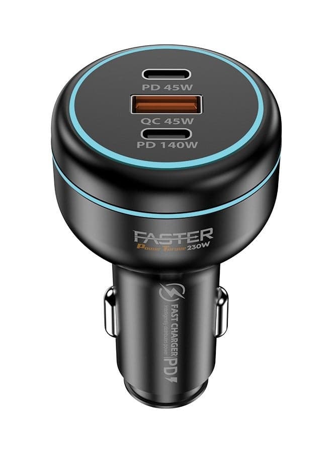 شاحن سيارة باور تورك 230 واط مزود بثلاثة منافذ USB يدعم تقنيات PD بقدرة 45 واط، QC بقدرة 45 واط، وPD بقدرة 140 واط لتوفير شحن فائق السرعة. يحتوي على منفذ USB-A بقدرة 45 واط، ومنفذين USB-C بقدرة 45 واط و140 واط، مما يجعله مثالياً لشحن عدة أجهزة في نفس الوقت. يتميز بمقاومته للحرارة، ويوفر حماية من التيار الزائد، كما يشمل قدرة شحن PD تصل إلى 100 واط. متوافق مع أجهزة iPhone، MacBook، وأجهزة Android، ويعد من المستلزمات الأساسية أثناء السفر لشحن الهواتف والأجهزة المحمولة بسرعة وكفاءة عالية.