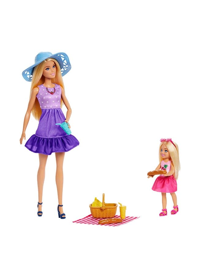 Family & Friends Dolls & Accessories, Picnic-Themed Playset with 2 Dolls & 9 Pieces