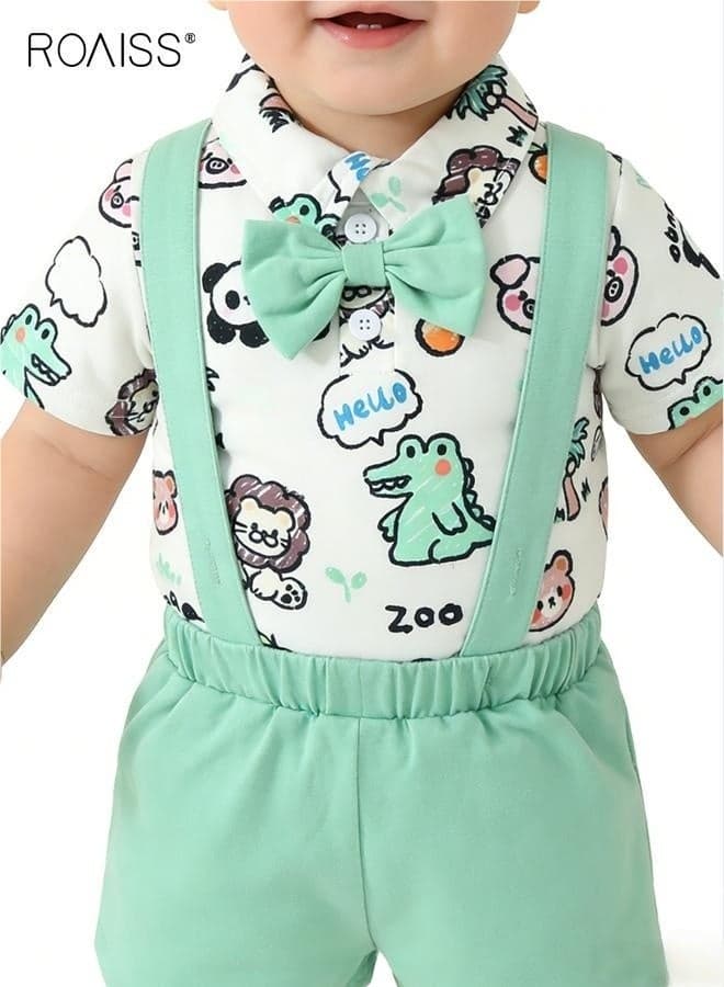 Baby Boy Clothes Set, Summer Outfit with Cartoon Romper and Suspender Shorts, Little Gentleman Short Sleeve Romper Shirt and Suspender Pants Set with Bow Tie, Suitable for Daily Wear, Performances and Outdoor Activities