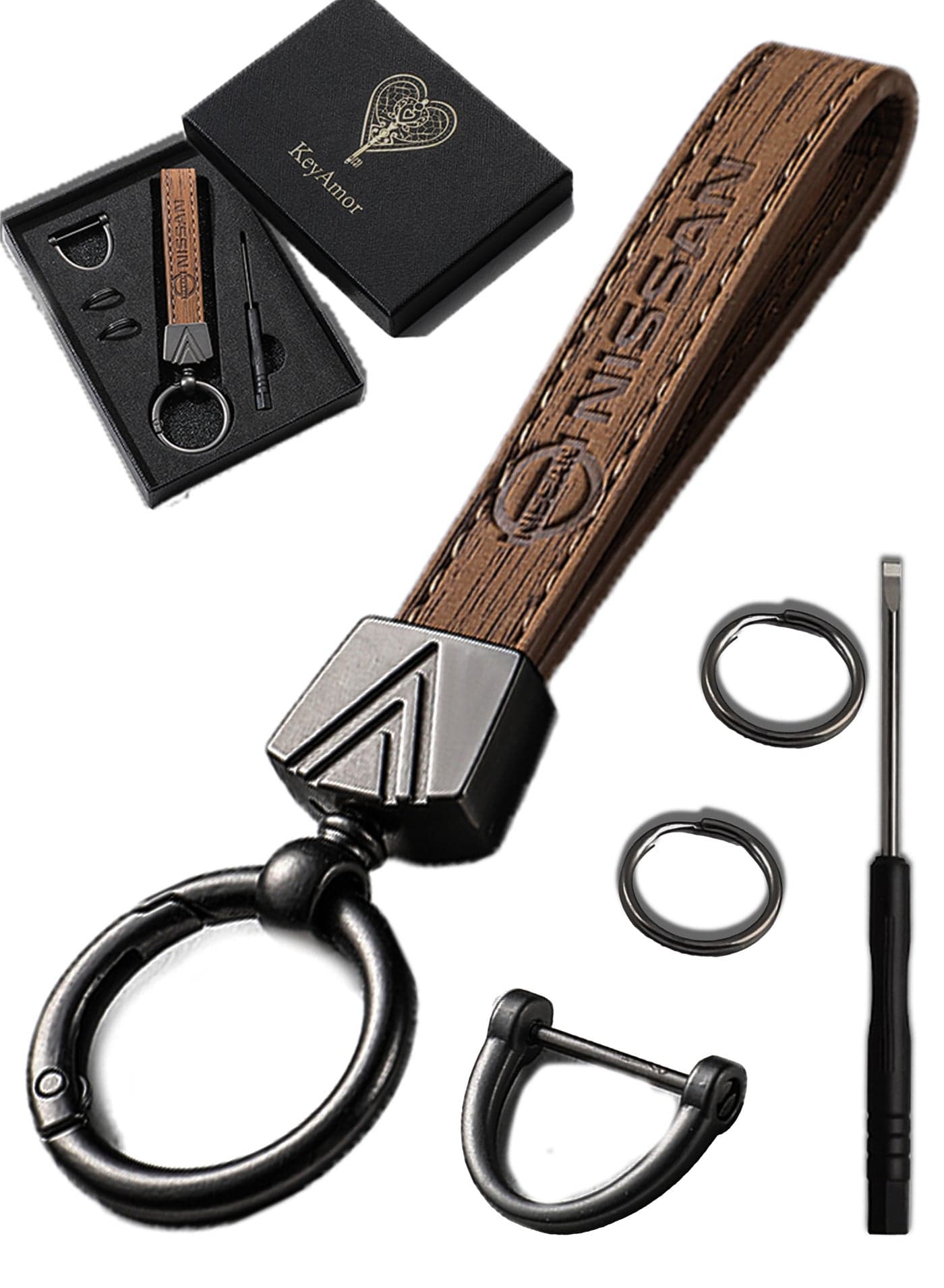 Elegant light brown metal and leather keychain with NISSAN logo featuring 3 key rings perfect as a fancy gift or car accessory designed in sleek light brown for a modern look offers 360 degree rotation for convenience suitable for both men and women and comes in a gift box.
