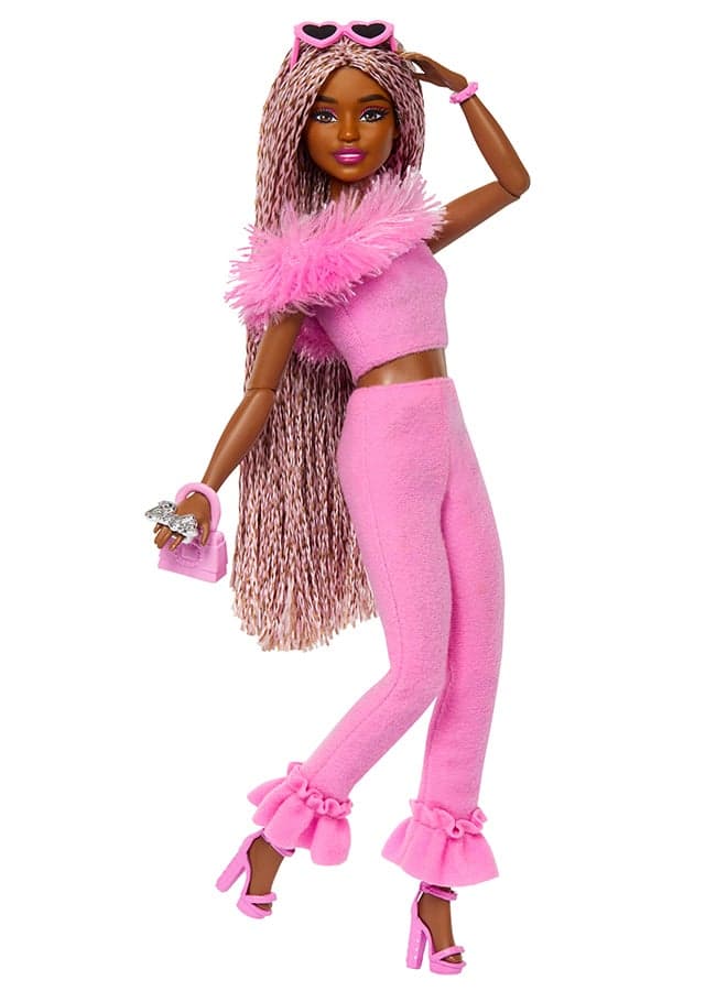 Deluxe Style Doll #4 in Barbiecore Outfit, Pink and Brown Braids, Soft Pink Top and Pant Set with Furry Collar and Fun Accessories