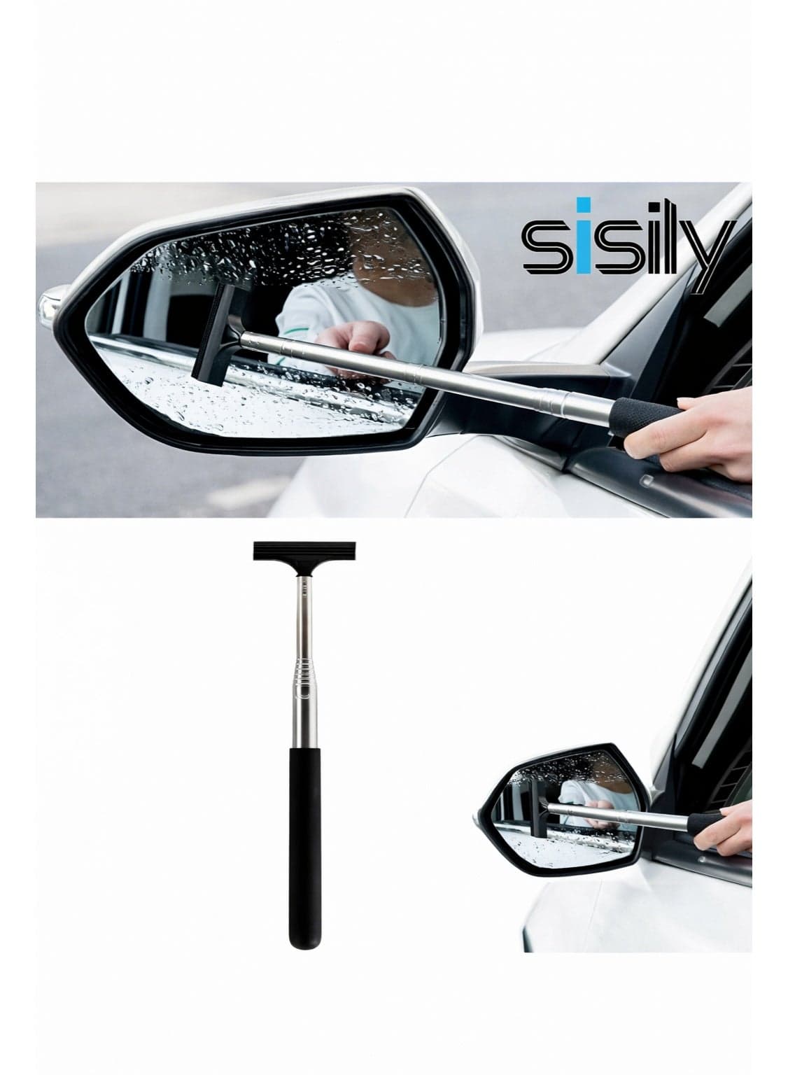 Retractable Car Rearview Mirror Wiper and Telescopic Glass Squeegee, Portable Auto Water Cleaner Tool