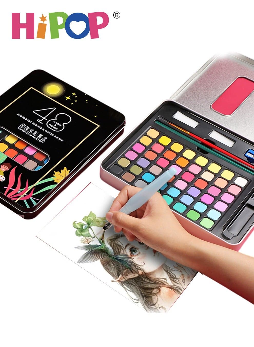 Kids Art Painting Set with Iron Box,Contains 48 Color Blocks,Children's Watercolor Coloring Set
