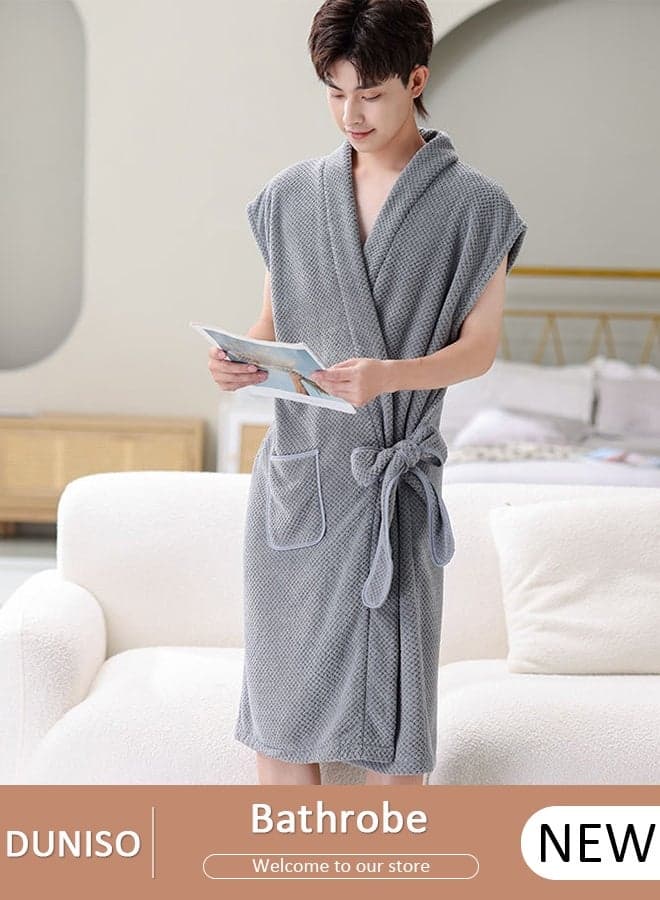 Men's Bath Robe, Wearable Bath Towel with Side Pocket Wrap Shower Wrap Towel Dress Bathrobe Waffle Spa Towel Robes with Adjustable Closure Quick Dry Lightweight Cover Up