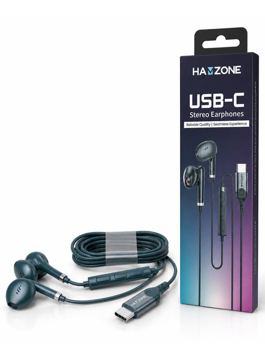 Hamzone USB Type-C Wired Earphones with Mic – Hi-Fi Stereo Sound, Deep Bass, Noise Isolation, Volume Control, Compatible with Android Smartphones & Tablets