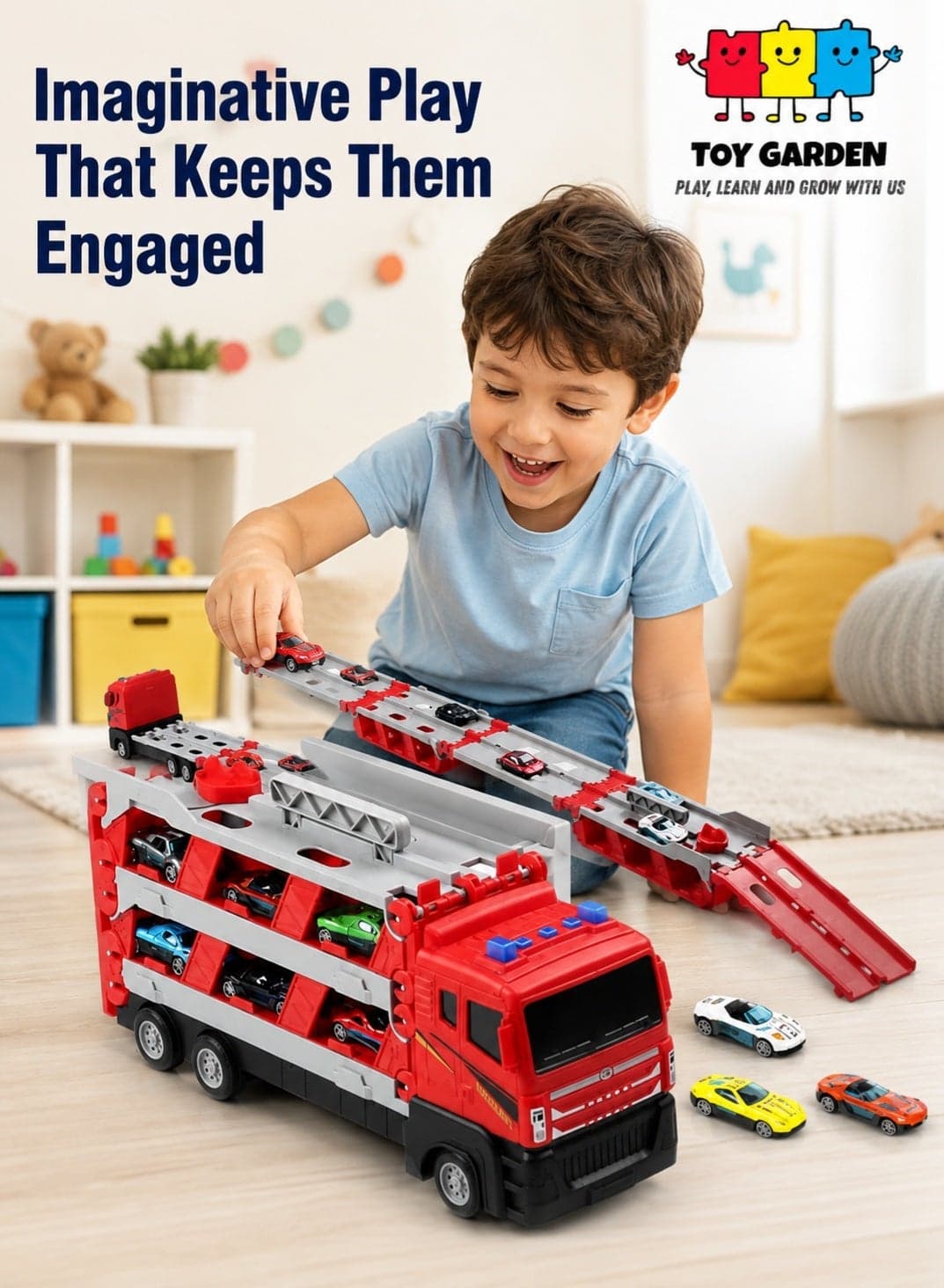 64-Inch Catapult Race Track with 4 Die-Cast Cars – Foldable Truck Toy Set with Storage – Racing Toy for Boys & Girls Ages 3+