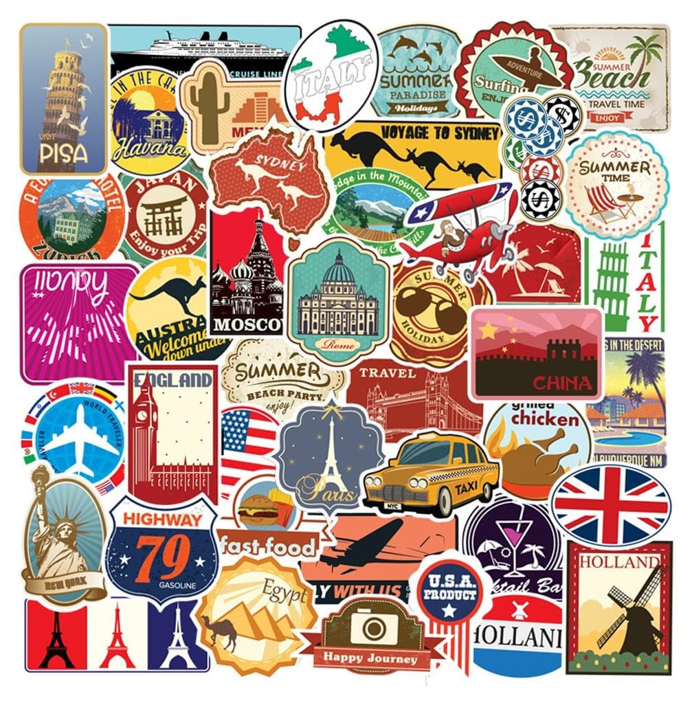 100-Piece Travel Around the World Stickers Pack Waterproof Building Vinyl Stickers for Laptop Luggage