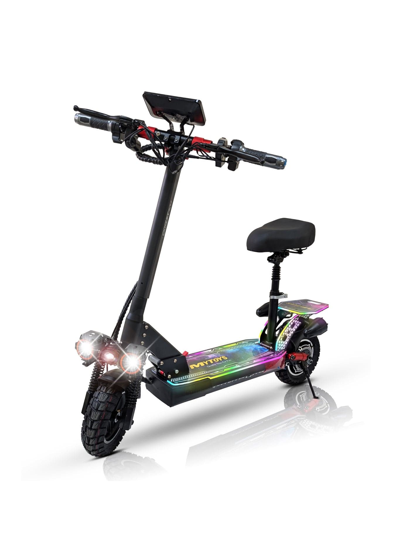 Mytoys High Speed Adult Electric Scooter 1200W Brushless Motor up to 65km/H Speed, 30-35Km Long Range, 48V10.4Ah Battery, LED Screen Display, Foldable, Dual Front and Rear Shock Absorber with Bluetooth Speaker, 10" Off Road Tires LED Lights, Turn Signals, Colorful LED light standing Deck – MT850