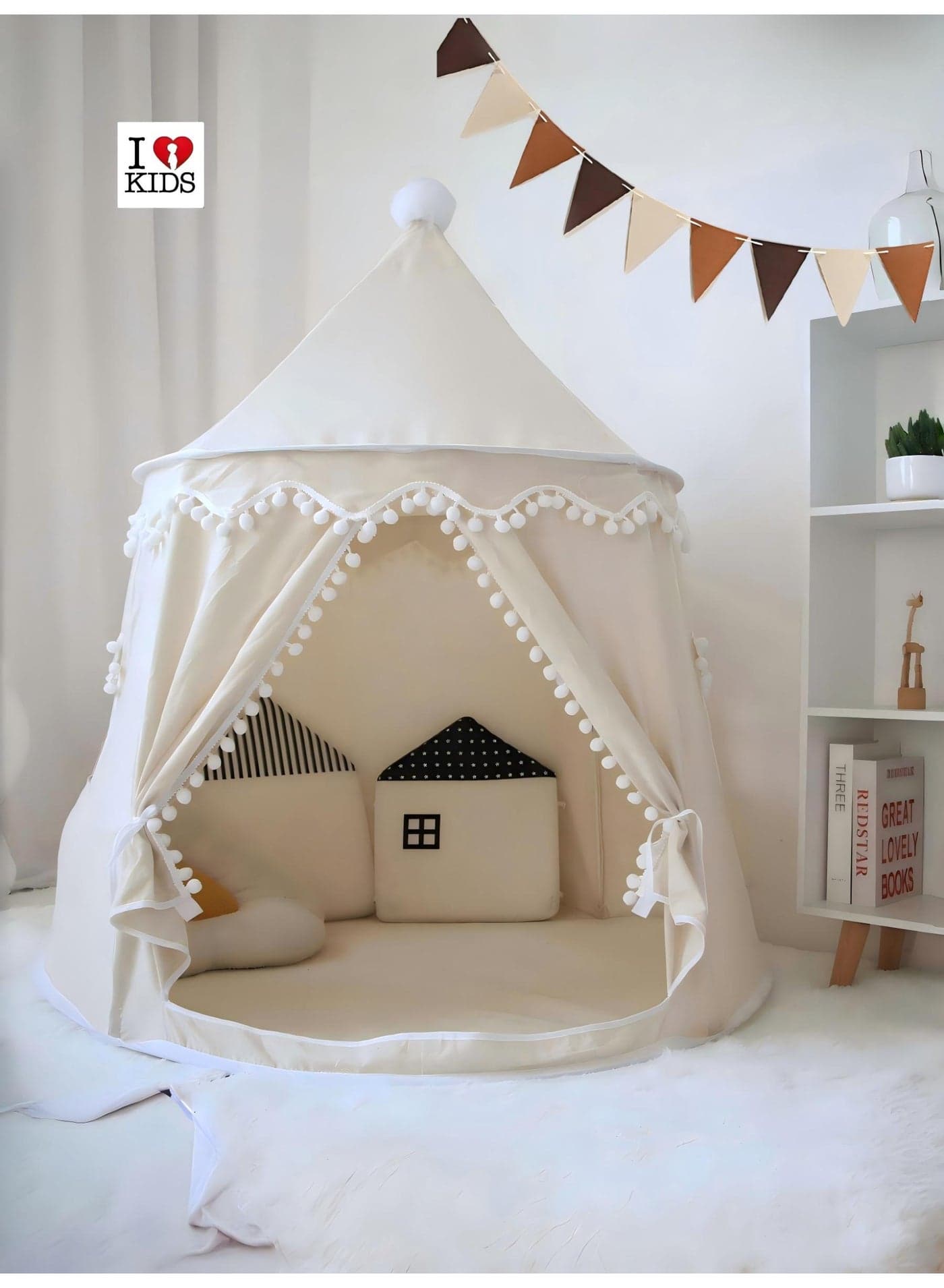 Kids Cotton Play Tent With Triangle Flag Castle Playhouse,Big Size Foldable 110CM * 110CM * 130CM (White)
