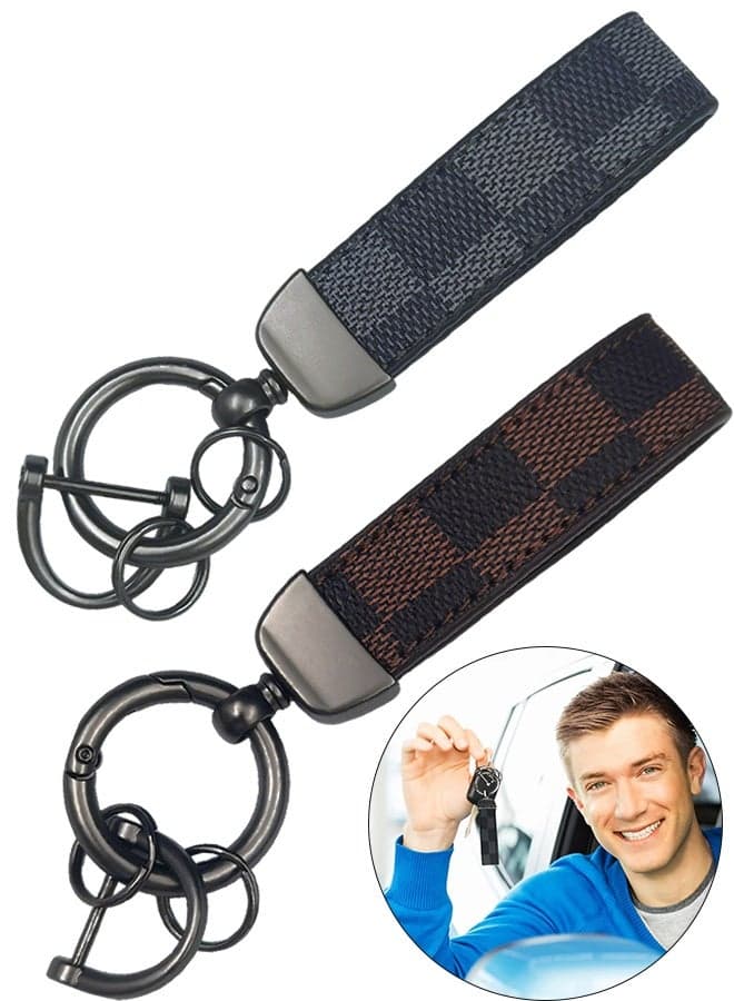 2 Pcs Car PU Leather Metal Keychain Plaid Leather Zinc Alloy Ring 360° Rotating Car Universal Wrist Band Key School Bag Car Decoration Pendant Black & Brown Send a Screwdriver