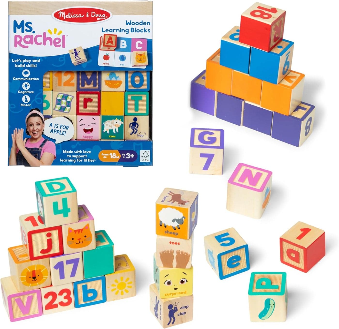 Ms. Rachel Wooden Learning Blocks & Activity Cards | 30 Alphabet & Number Blocks with 14 Double-Sided Cards | Stack, Match & Learn Educational Toy for Toddlers Ages 18 Months+