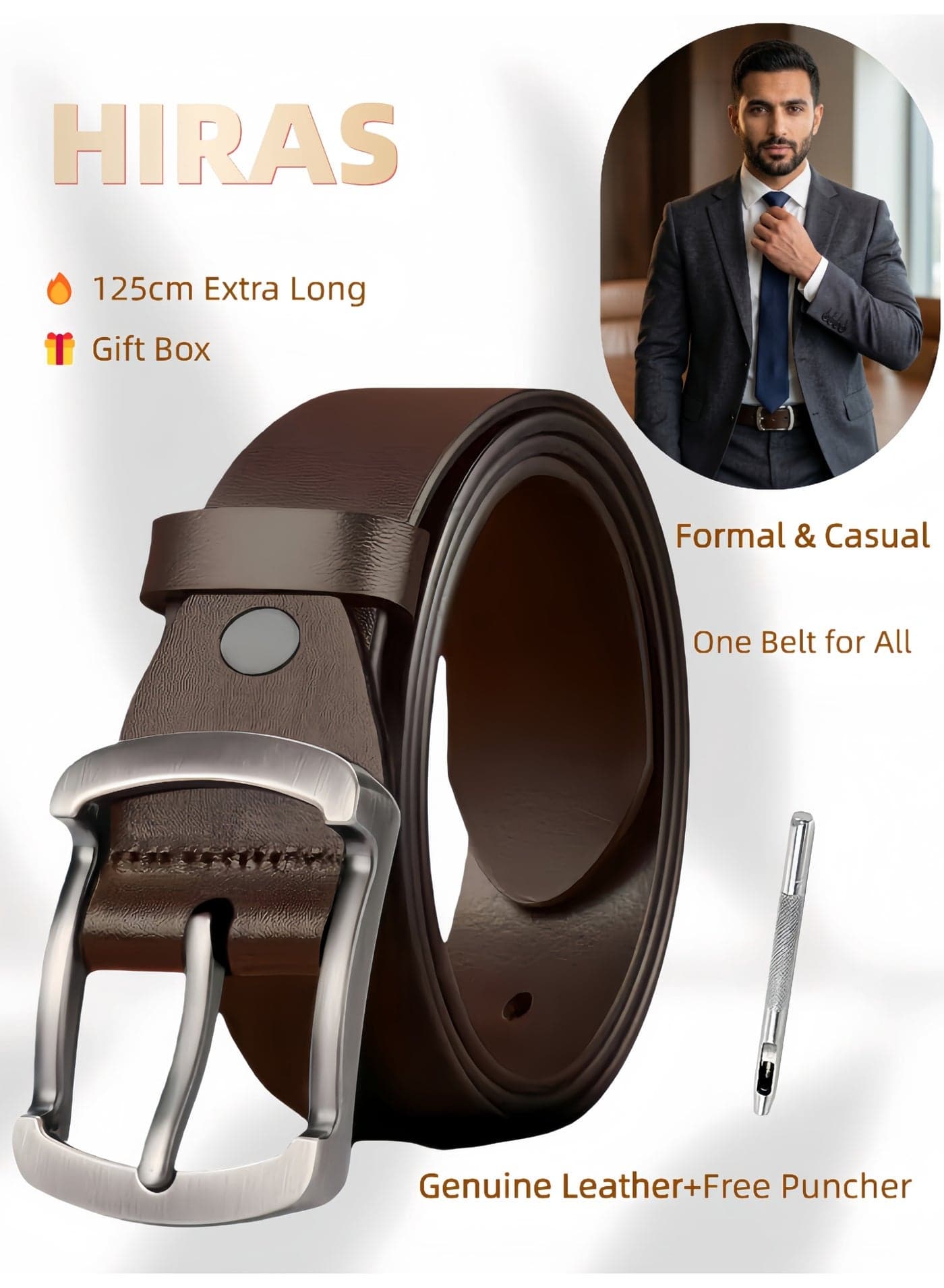 Genuine Leather Belt for Men, 125cm - Brown Casual & Formal Dress Belt with Adjustable Buckle, Belts for Men Jeans & Business, Includes Free Hole Puncher & Gift Box