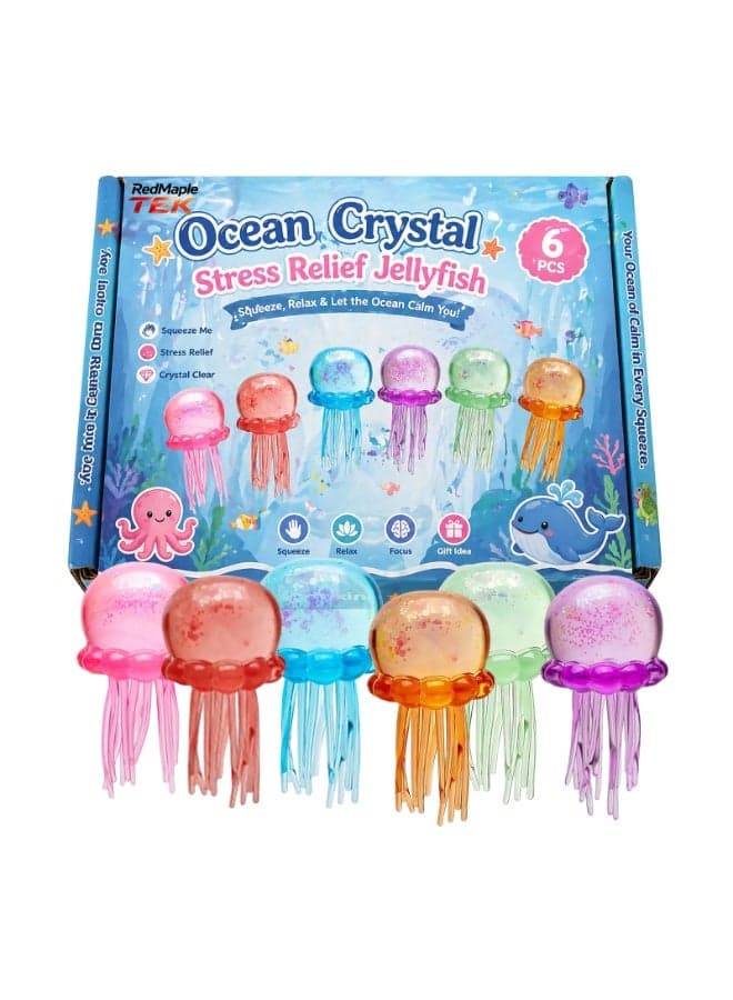 6 Pack Jellyfish Squishy Stress Relief Toys, Crystal Glitter Squeeze Toys, Cute Ocean Themed Sensory Fidget Toys for Kids & Adults