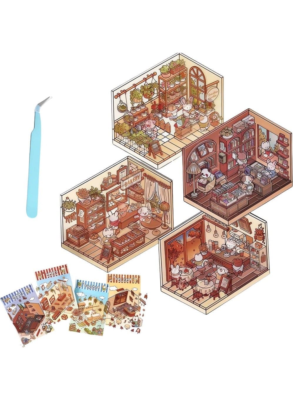4 Sets DIY 3D House Stickers,Diy 3d House Stickers,Fun Diy Stickers Scene Make,3d Sticker Diy Three-dimensional Cabin Scene Stacking and Pasting,Cartoon Miniature Scene Stickers