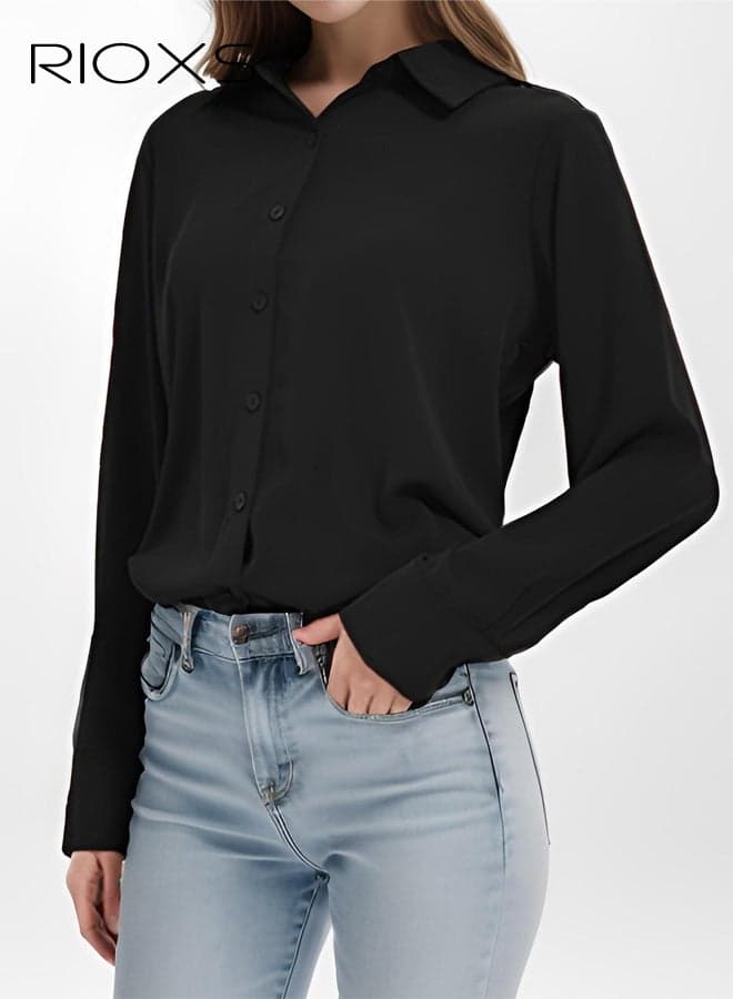 Women's Black Chiffon Button Down Shirt, Classic Notch Collar Long Sleeve Blouse, Breathable Office Work Shirt, Lightweight Formal Casual Top for Women, Elegant Loose Fit Dressy Shirt