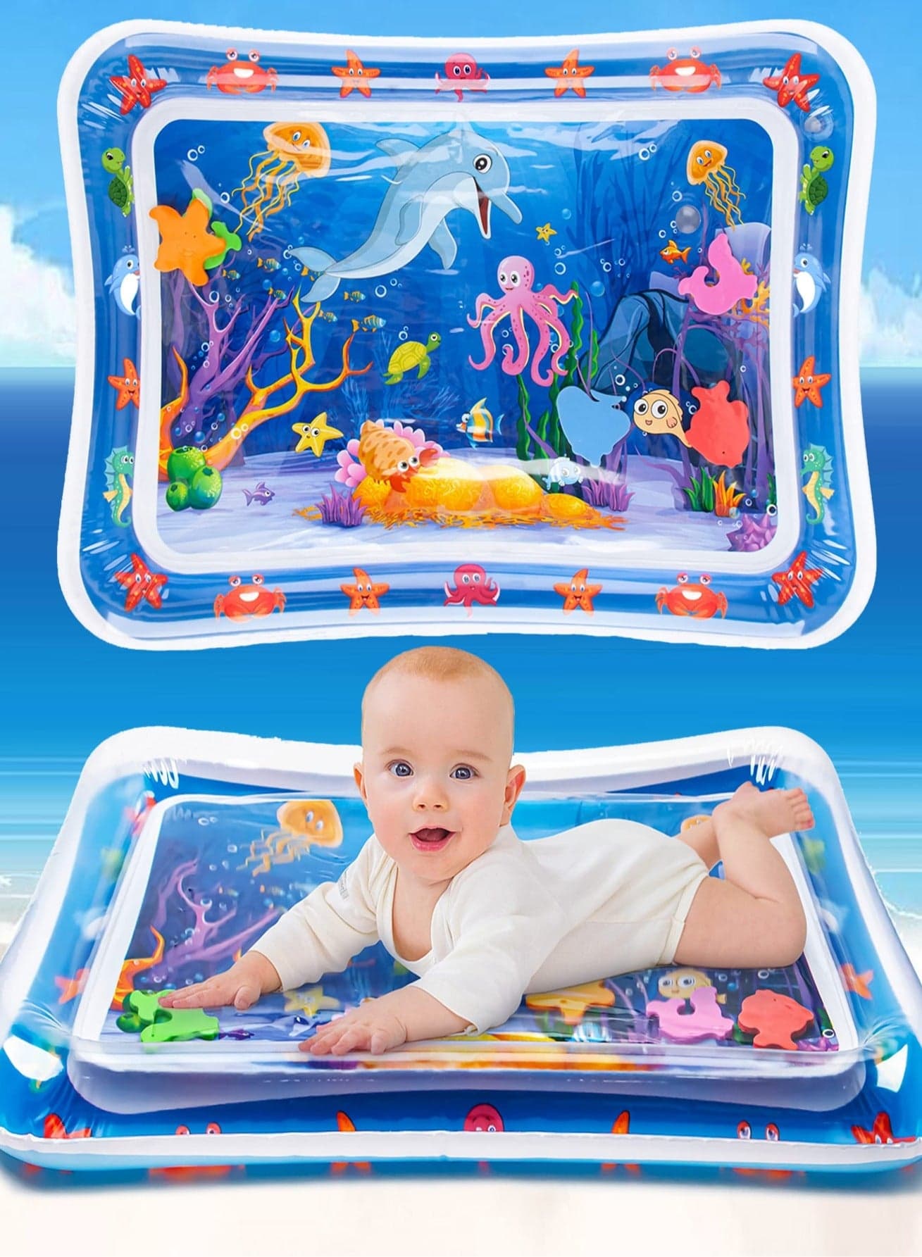 Baby Tummy Time Water Mat – BPA-Free, Leak-Proof Sensory Play Mat for Infants with Colorful Sea World Graphics & Floating Marine Animals, Ideal for Strengthening Neck, Shoulder & Back Muscles, Promotes Motor Skills & Cognitive Development, Perfect Baby Shower Gift & Travel-Friendly