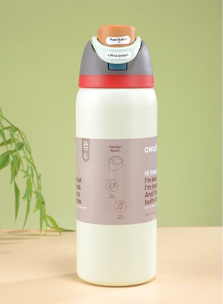 FreeSip Insulated Stainless Steel Water Bottle With Straw For Sports Travel And School BPA Free Sports Water Bottle(Ivory White 32OZ)