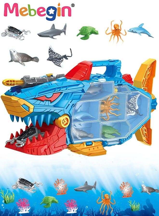 Shark Ocean Animal Toys Set with Rich Sea Creatures, Shark Truck Toy with Torpedos Launching Function, Double-Side Storage and Portable Handle, Educational Bath Toys, Ideal Gift for Kids Aged 3+
