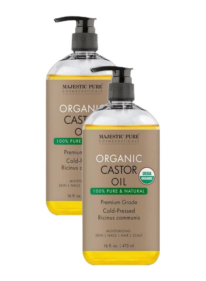Pack of 2 - Organic Castor Oil 473 ML Large Cold Pressed & 100% Pure Hexane Free Stimulate Growth for Hair, Eyelashes, Eyebrows, Nails Moisturizing & Nourishing Body, Hair & Carrier Oil