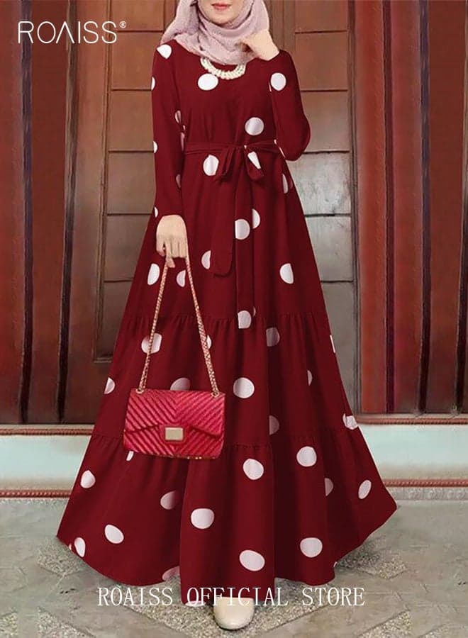 Women Polka Dot Frock with Belt, Round Neck Long Sleeve A-Line Dress, Stylish Elegant Maxi Dress for Ladies, Perfect for Daily Wear and Outdoor Activities