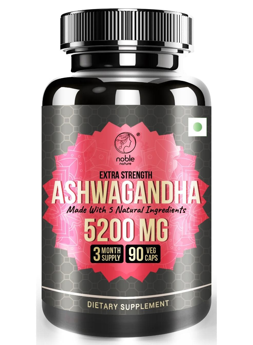 Ashwagandha Extra Strength, Made with 5 Natural Ingredients, 5200mg, 90 Veg Capsules for 3 Month Supply - Combined with Turmeric, Ginger, Black Pepper and Rhodiola
