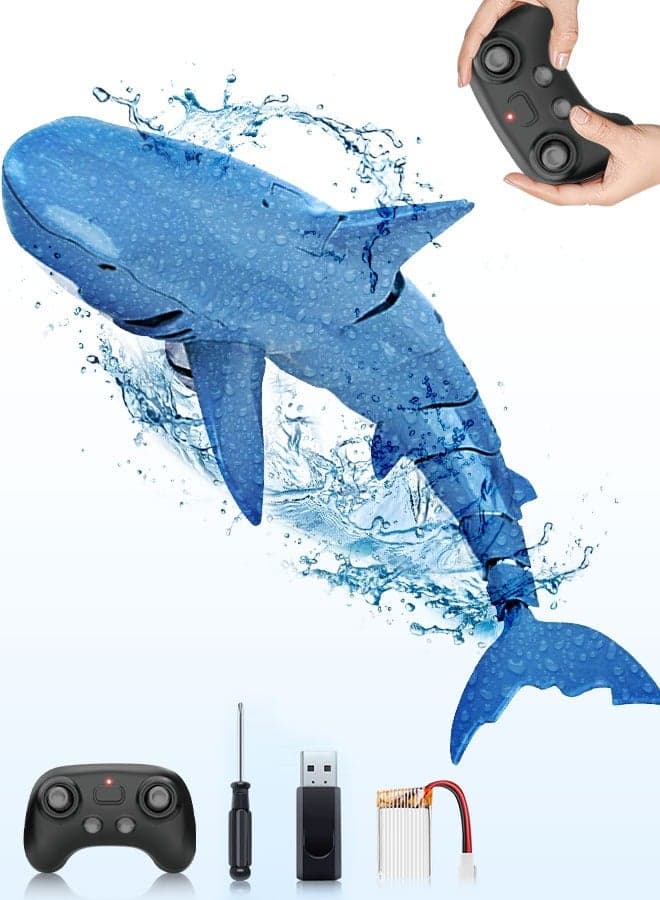 RC Remote Control Shark, Underwater Fish Toy for Swimming Pool Remote Control Boat, Realistic Shark Toy with Water Spray & LED Lights for Kids, Waterproof Simulation Shark for Gift (Blue)