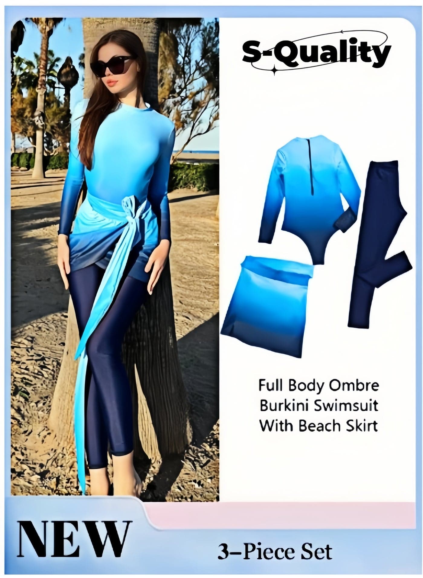 Women’s 3-Piece Blue Gradient Swimsuit Set – Modest Long Sleeve One-Piece with UV Protection, Ideal for Beach & Water Sports
