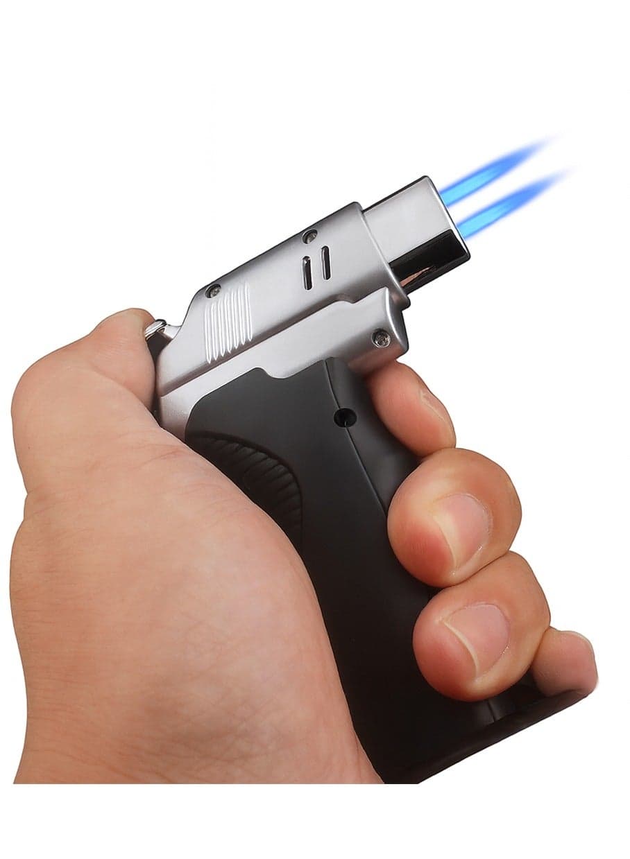 Adjustable Single/Dual Jet Flame Butane Gas Torch Lighter – Windproof Refillable Lighter with Flame Lock for Outdoor, Camping, BBQ, Kitchen