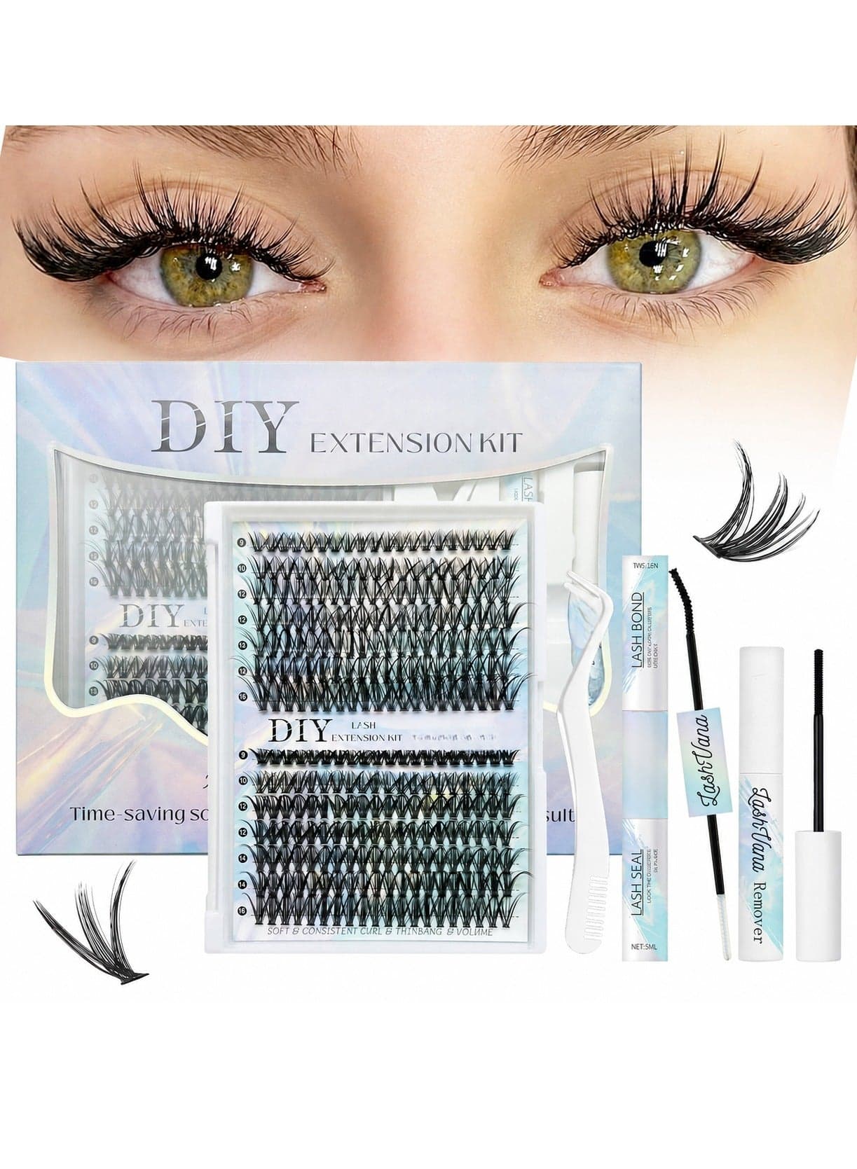 280pcs False Eyelashes, DIY Lash Extension Kit,Individual Lash Clusters With Lash Bond,Lash Remover And Applicator, Eyelash Extension Kit, Easy To Apply At Home(30d+40d Kit)