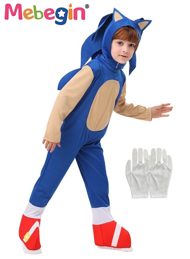 Kids Sonic Jumpsuit with Gloves, Sonic Costume Outfit Set, Fancy Dress Up Outfit, Popular Character Clothing for Children, Ideal Dress Up for Themed Parties