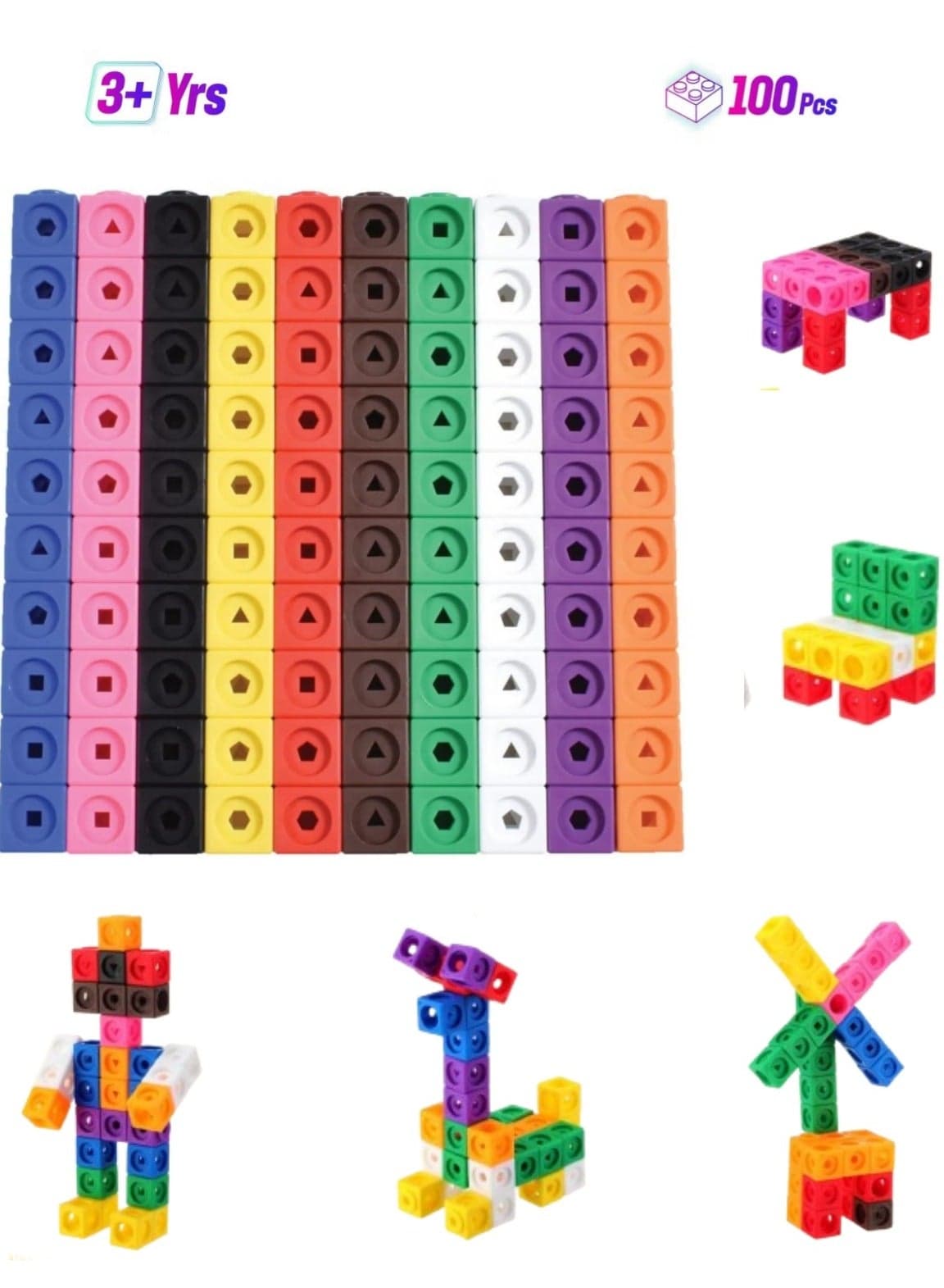 100pcs Math Link Cubes Building Blocks Sorting Stacking Blocks Educational Counting Toys Home School Manipulatives for Kids Aged 3+