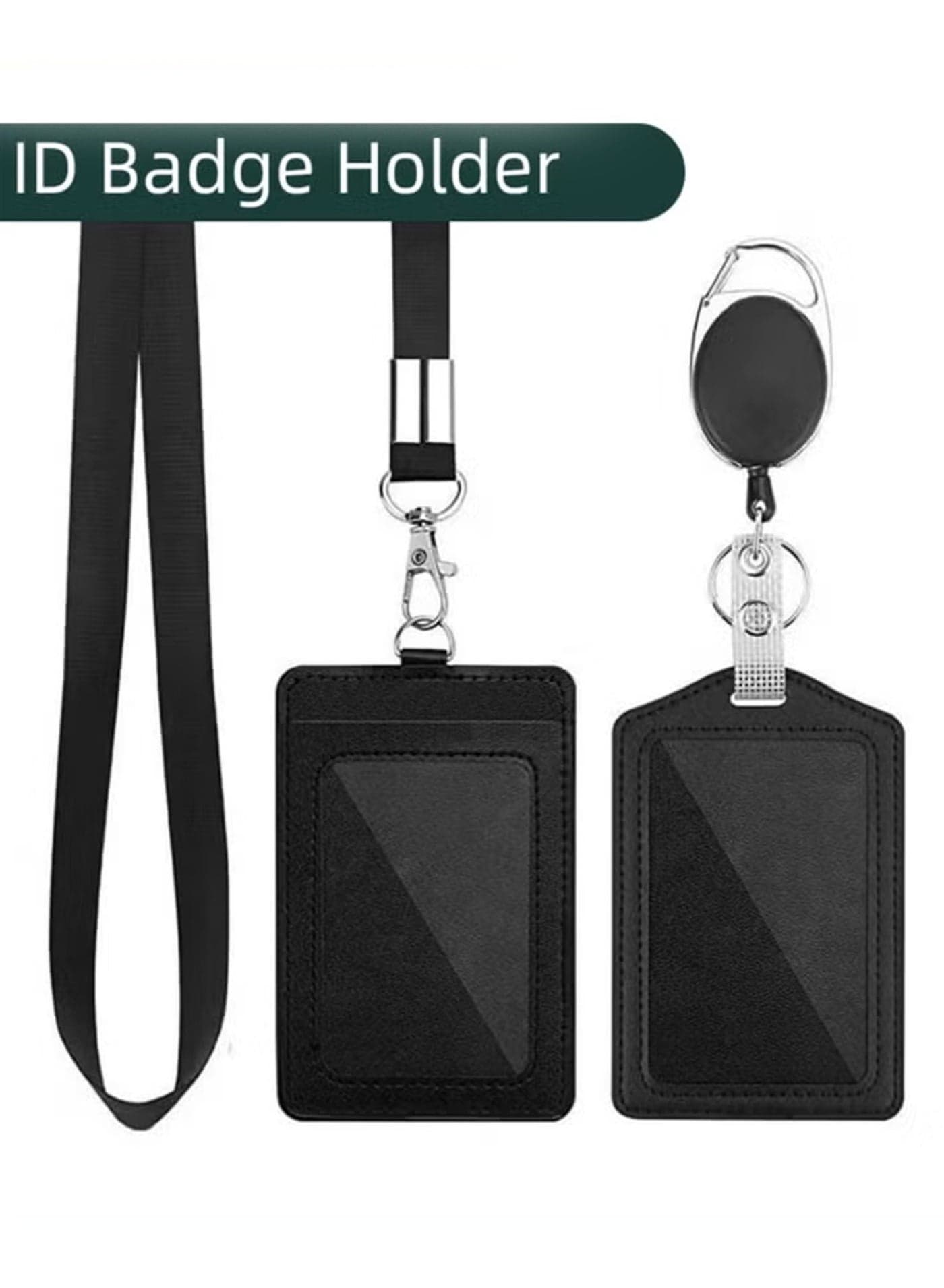 2-Piece ID Card Holder, with Lanyard and Retractable Badge Reel Clip, Unisex Leather ID Badge Holder with Clear ID Window & Credit Card Slots for Work/School Black