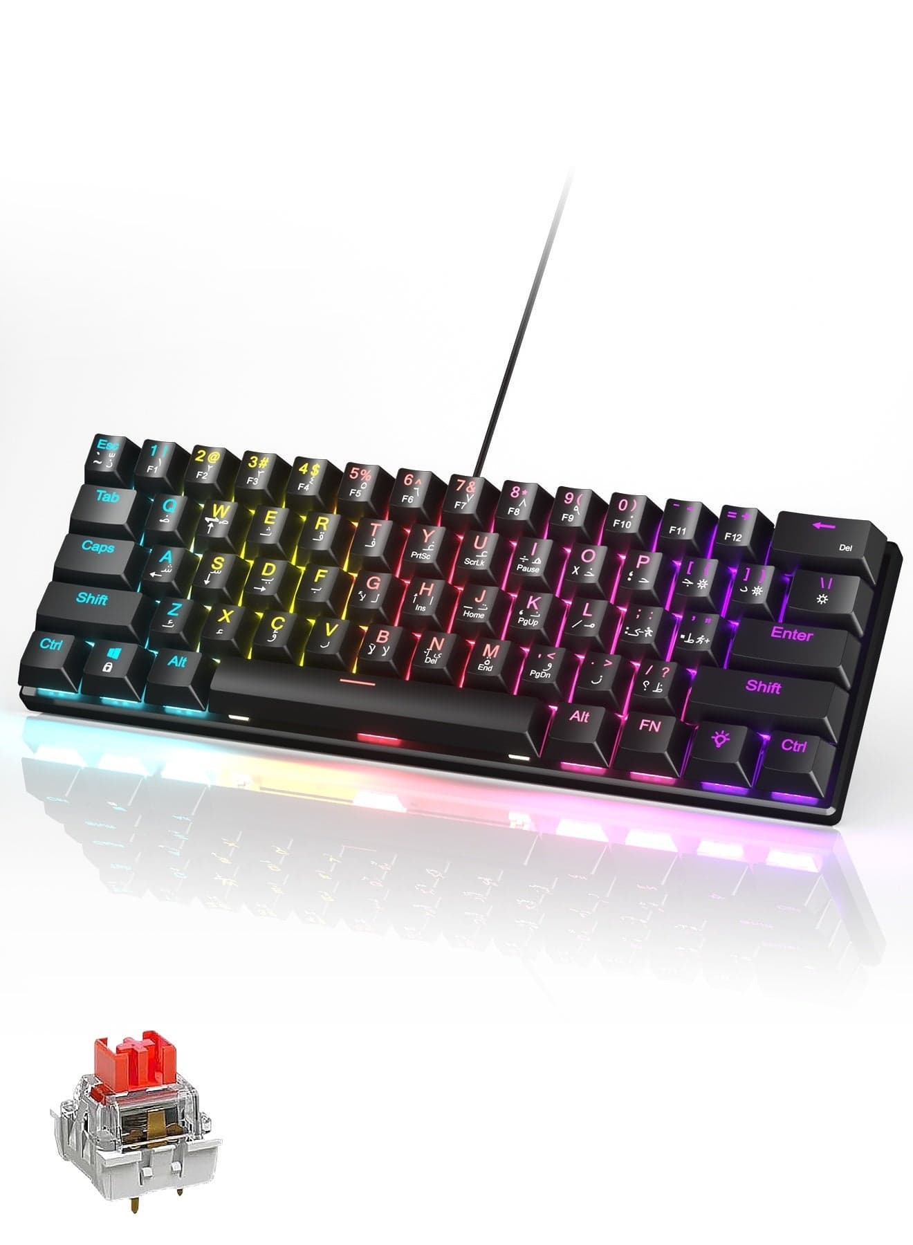 61-Key English Arabic Mechanical Keyboard, Red Switch Hybrid Light Compact Mini Wired Keyboard for PC, Mac E-sports Portable Gaming Keyboard - Black Keyboard