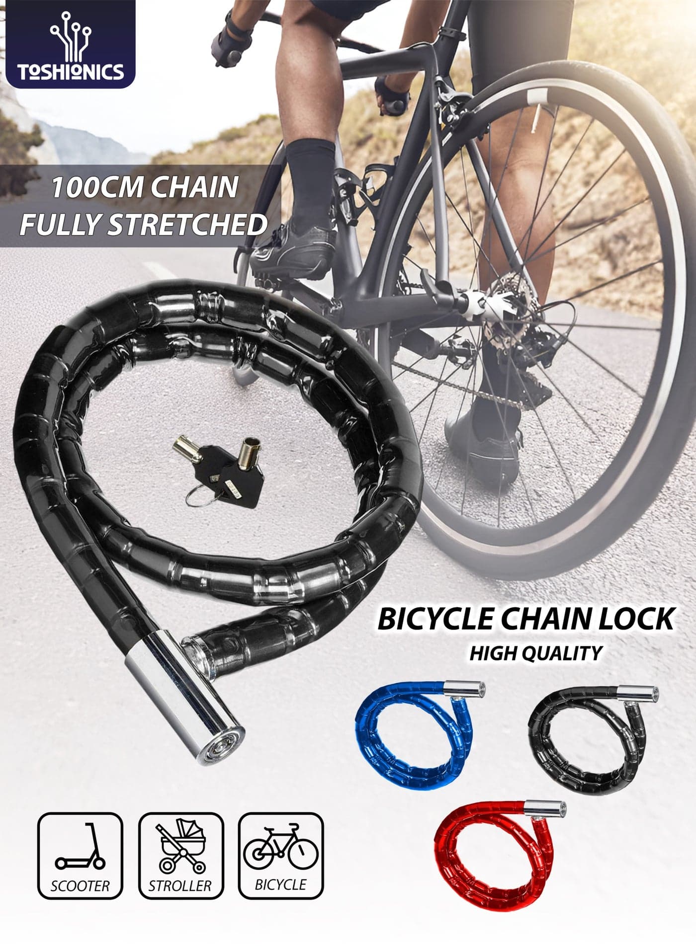 Heavy-Duty 22mm Armoured Bike Chain Lock 1000mm T113259 | High-Security Tubular Cam Lock with 2 Keys | Steel Cable Anti-Theft Chain with PVC Smoke Cover | Bicycle, Motorbike, E-Bike, Scooter & Gate Lock