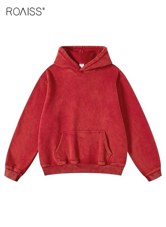 Men's Oversized Retro Pullover Hoodie Plush Fleece Heavyweight Winter Sweatshirt with Drop Shoulder Design, Warm Lined Hooded Unisex Sweatshirt for Casual Couples Streetwear