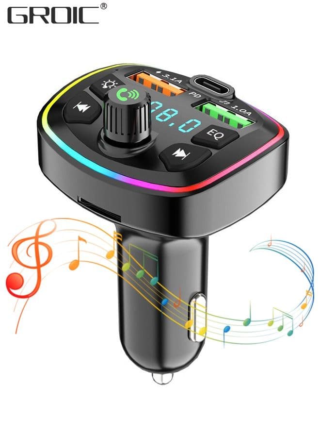 QC3.0 Bluetooth FM Transmitter for Car,Dual USB Charger Bluetooth Car Adapter Wireless Radio with 7-Color LED Backlit Light, Hands-Free Calling,Radio