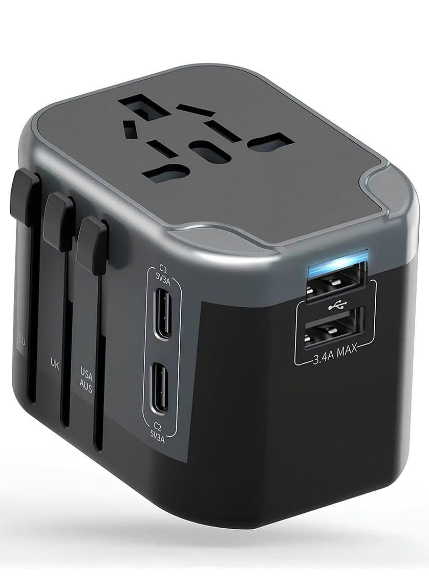All in One International Travel Adapter with 4 USB (2 USB A & 2 USB Type C), Worldwide Universal Travel Plug with Charging Ports AC Power Converters Socket to USA Europe UK Australia France