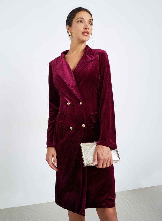 Women Burgundy Velvet Blazer Knee-Length Dress