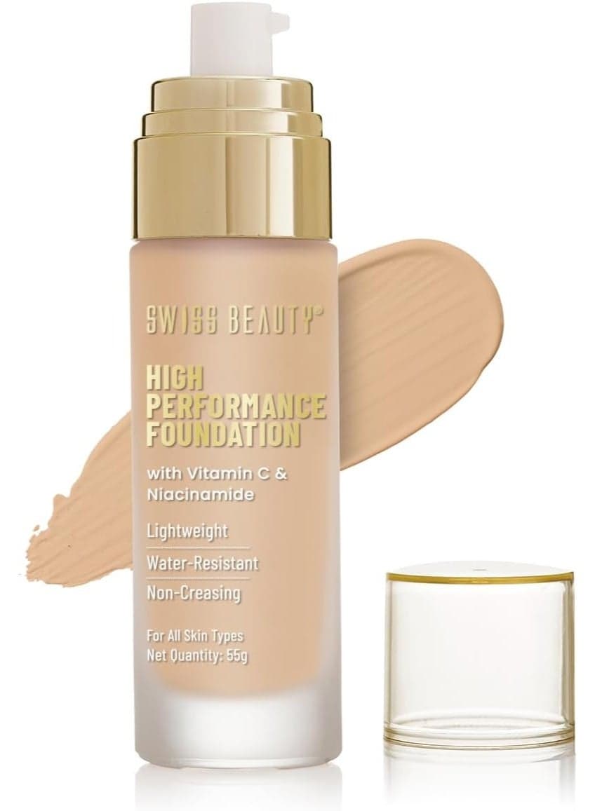 Swiss Beauty High Performance Foundation | Water-Resistant | Medium To Buildable Coverage Liquid Dewy Finish | Lightweight | Easy To Blend | With Vitamin C & Niacinamide | 04 Natural Nude, 55G