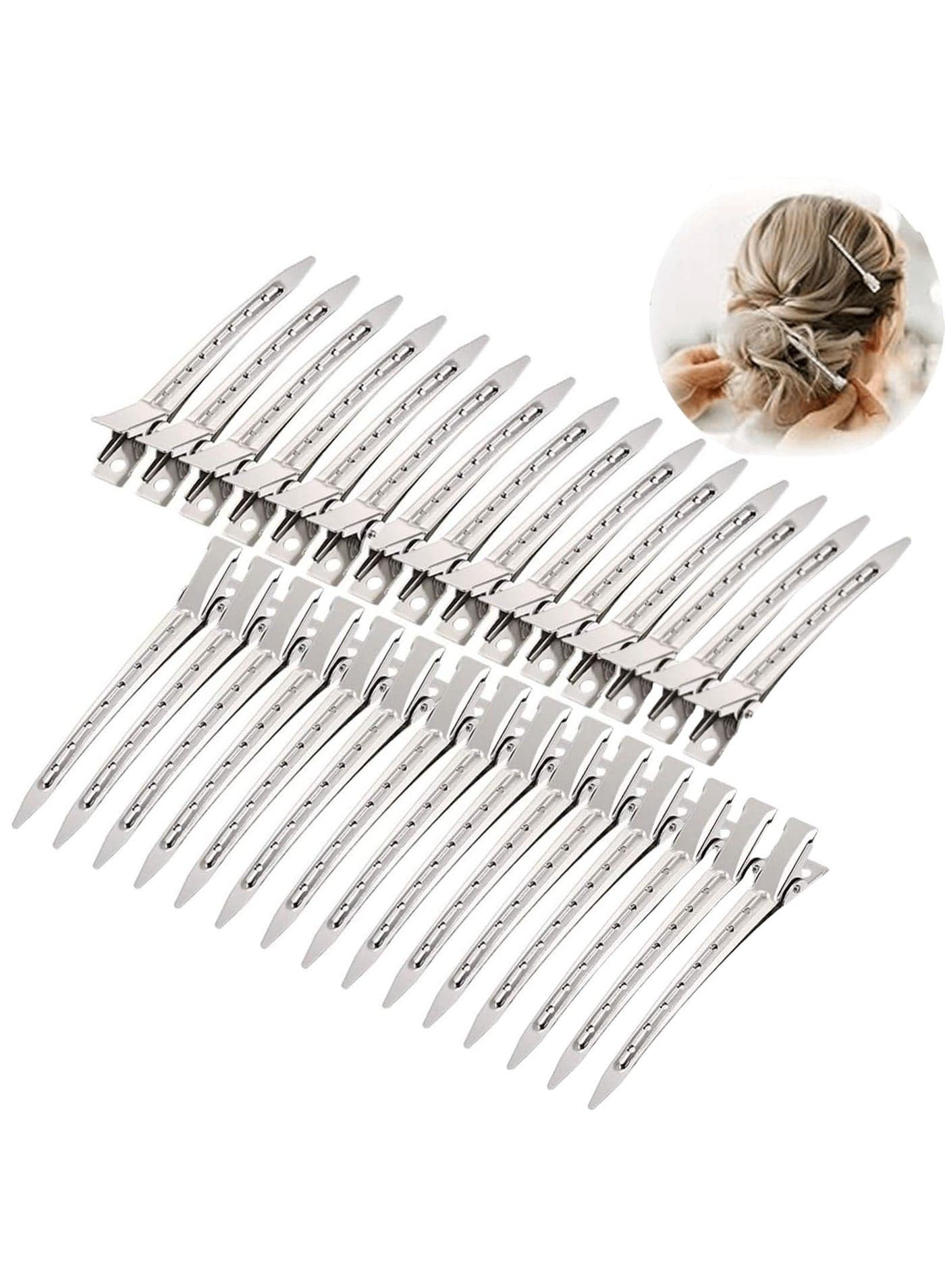 30Pcs Duck Bill Clips, Metal Pin Curl Clip, 3.5Inch Rustproof Metal Alligator Curl Clips with Holes for Hair Styling, Salon, Bows DIY(Silver)