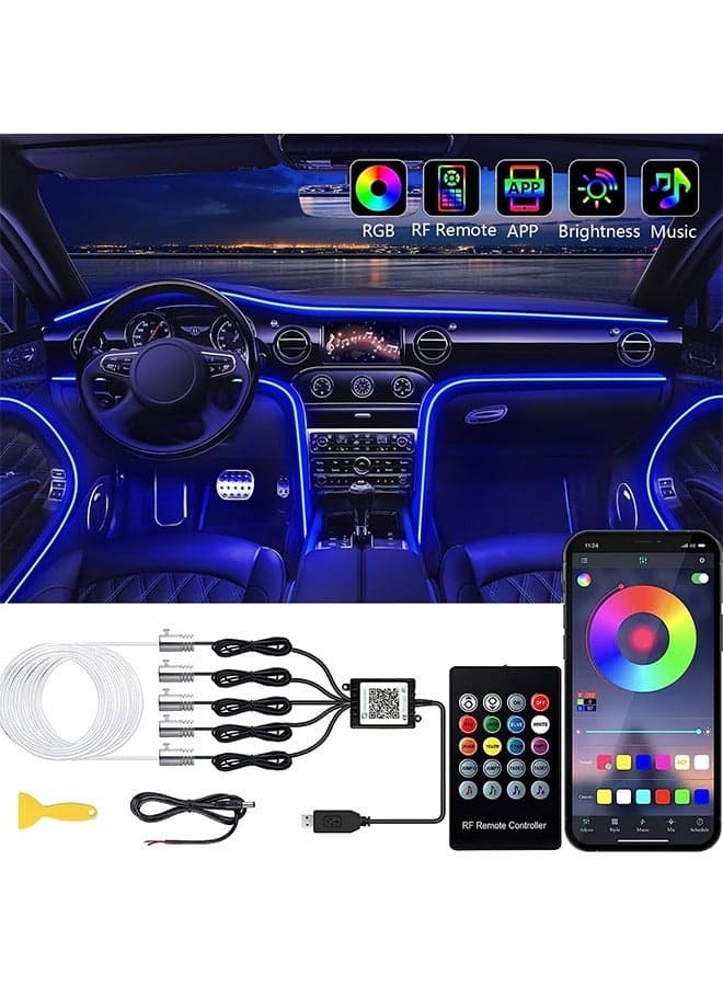 Interior Car LED Strip Lights with Wireless APP and Remote Control, RGB 5 in 1 Ambient Lighting Kits with 6m Fiber Optic, 16 Million Colors Car Neon Lights, Sync to Music