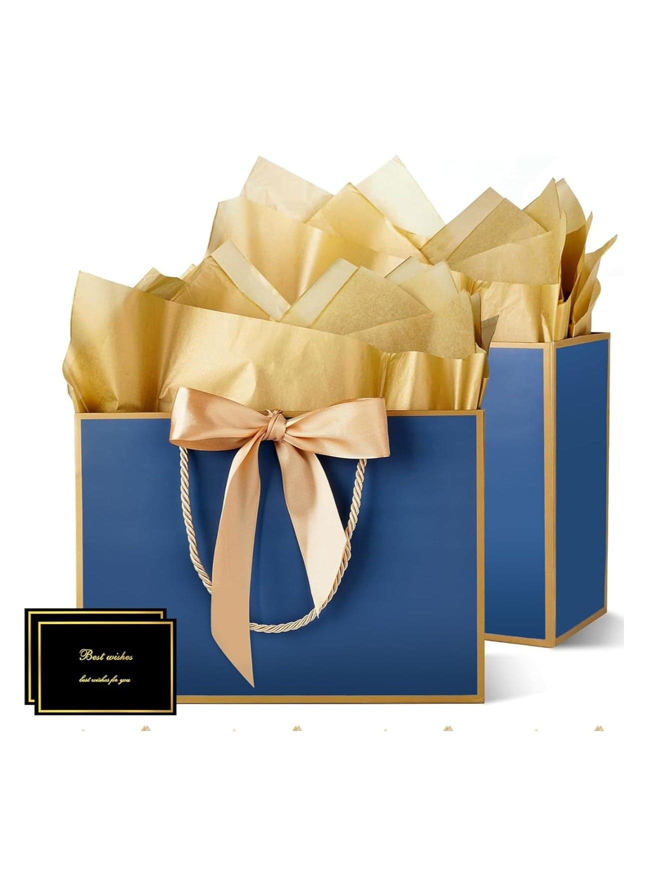 2 Pcs Blue Large Gift Bags, Paper Bags with Ribbon, Greeting Cards and Tissue Paper, Portable Party Bags with Handles, Birthday Gift Bags, Present Bags for Wedding Party, Party Supplies