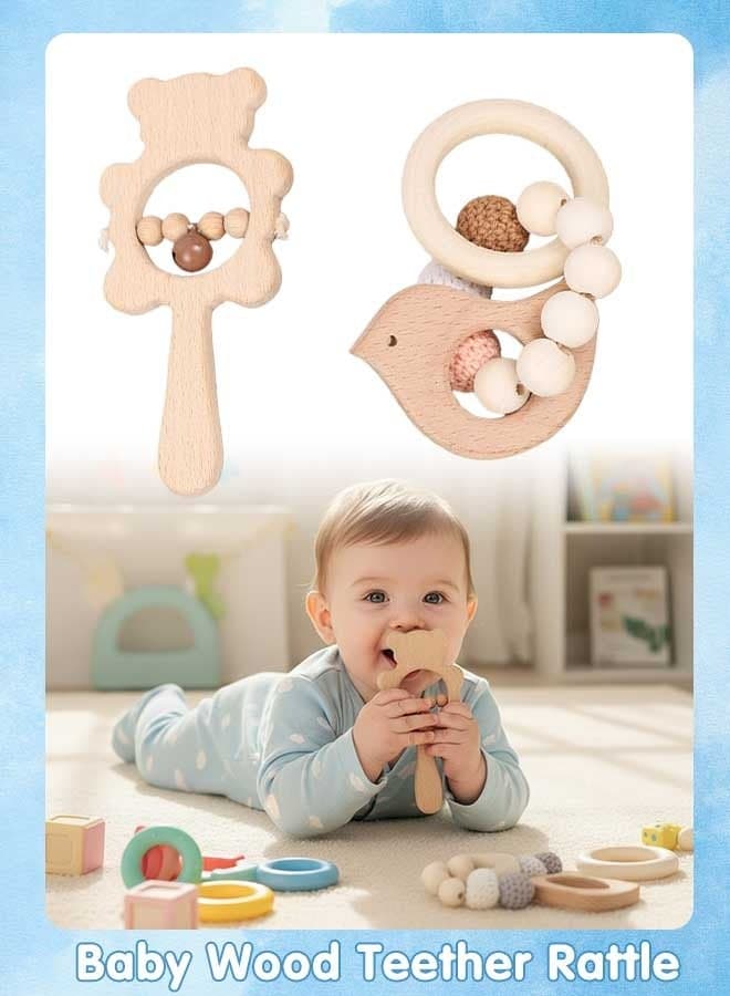 2Pcs Wooden Baby Toys Set, Baby Rattle and Teething Rings for Newborn Infants Teething Relief