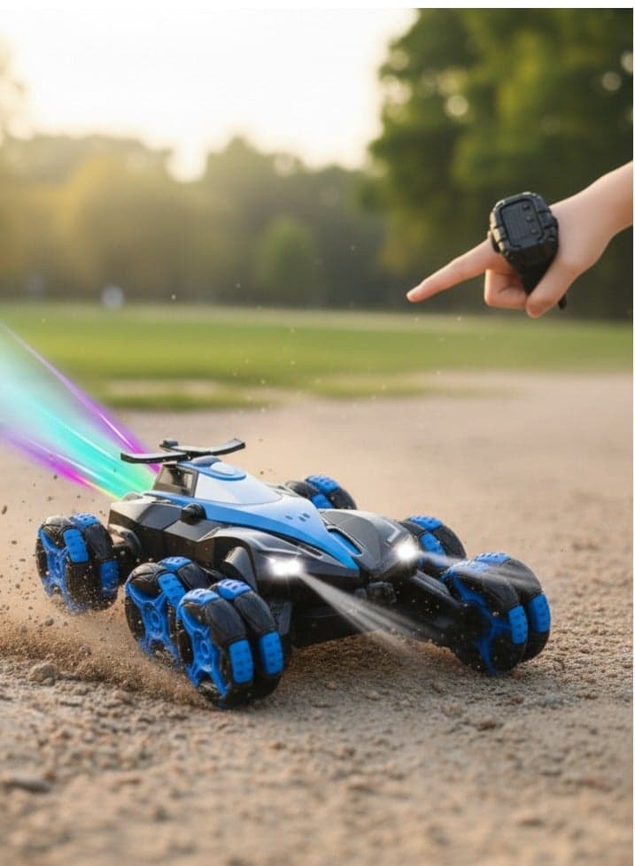 RC Stunt Car for Kids 2.4GHz Remote Control Stunt Car with Function Light 360° Rotation Unique 8-wheels Climbing Stunt Drift Car Spray Intelligence Training Remote Control Car Toy With Sound Effect Blue