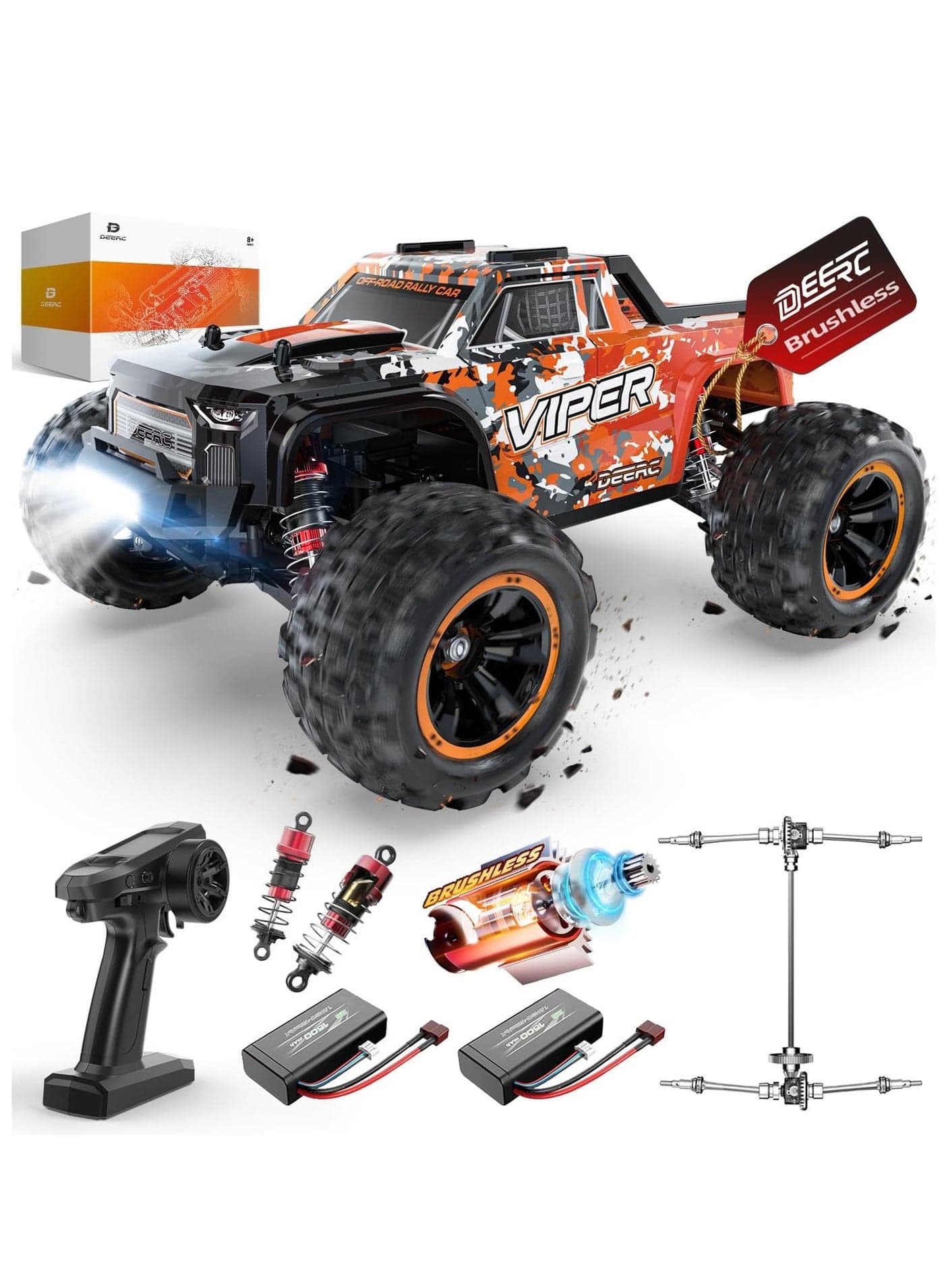 DEERC H16R Brushless Fast RC Cars,1:16 52KM/H High Speed Remote Control Car,4X4 All Terrains RC Monster Truck,Waterproof Off-Road Hobby Electric Vehicle Car Gift for Adults Boys,2 Li-ion Batteries