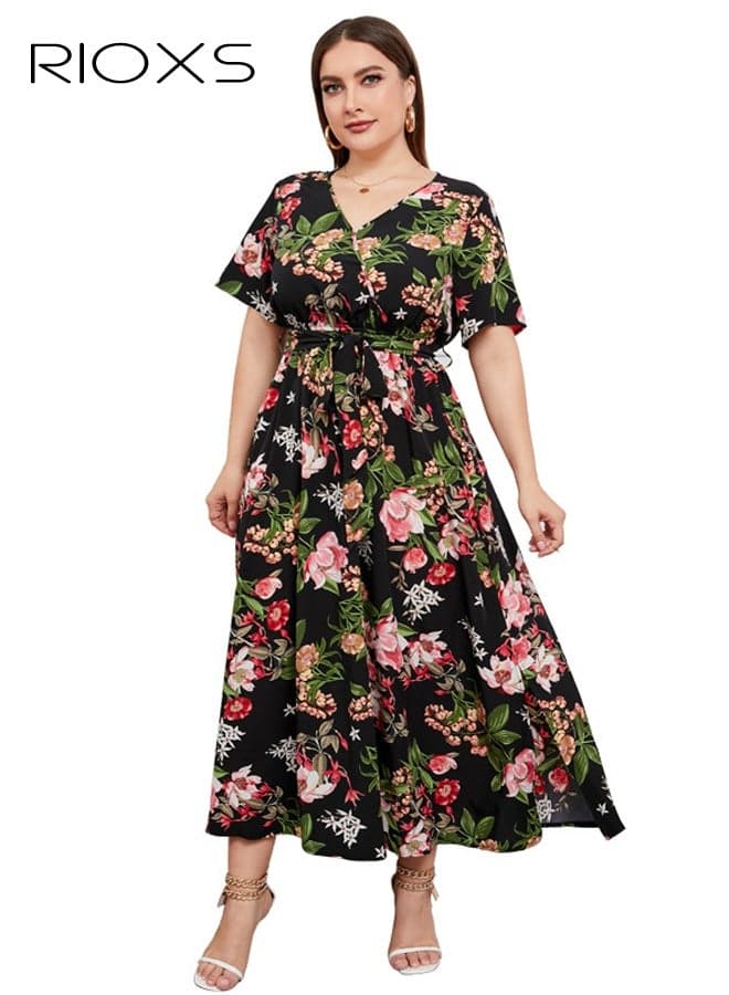 Plus Size Womens Floral V Neck Maxi Dresses, Summer Flowy A-line Long Dress with Belt, Breathable Short Sleeve High Waist Floral Print Long Dress for Beach/ Vacassion/ Holiday/ Dating/ Party/ Daily Wear