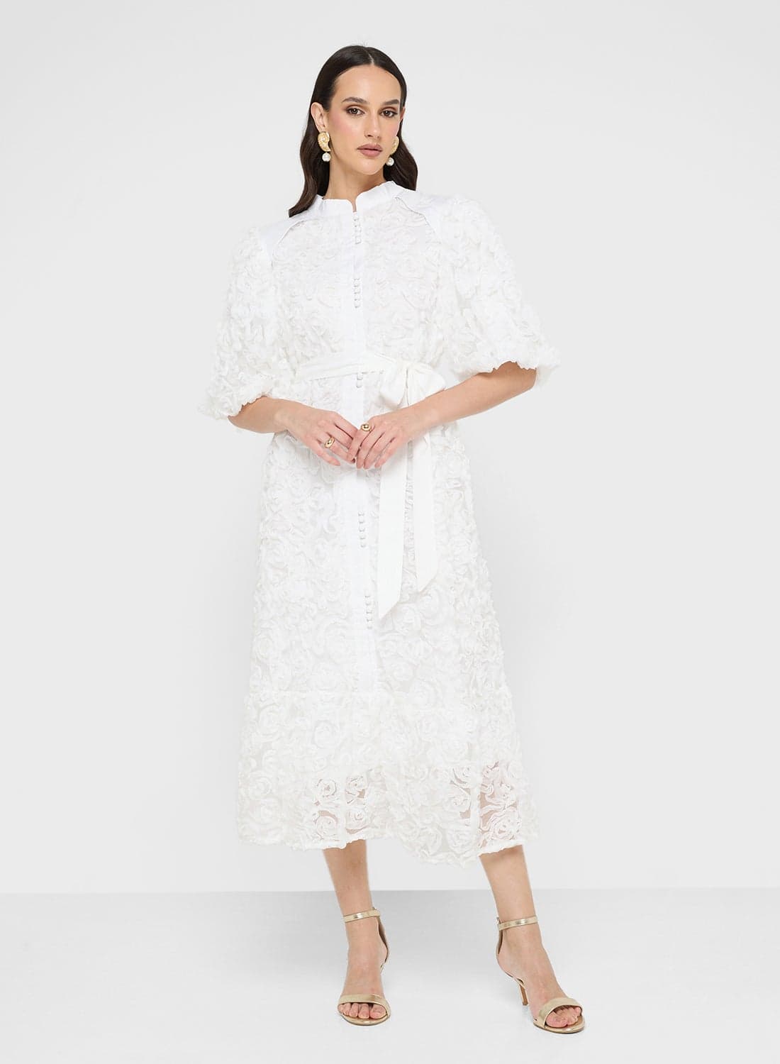3D Floral Shirt Dress With Puff Sleeves