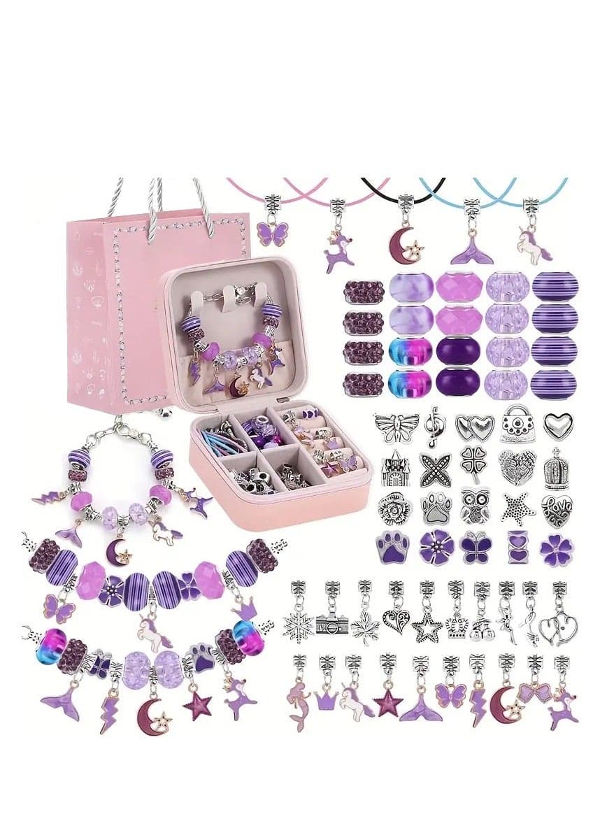 68PCS Charm Bracelet Making Kit – DIY Jewelry Beads Set with Snake Chain Bracelets, Charms & Gift Box – Perfect Birthday, Christmas, Ramadan & Eid Gifts for Girls Ages 6–12 (Purple)